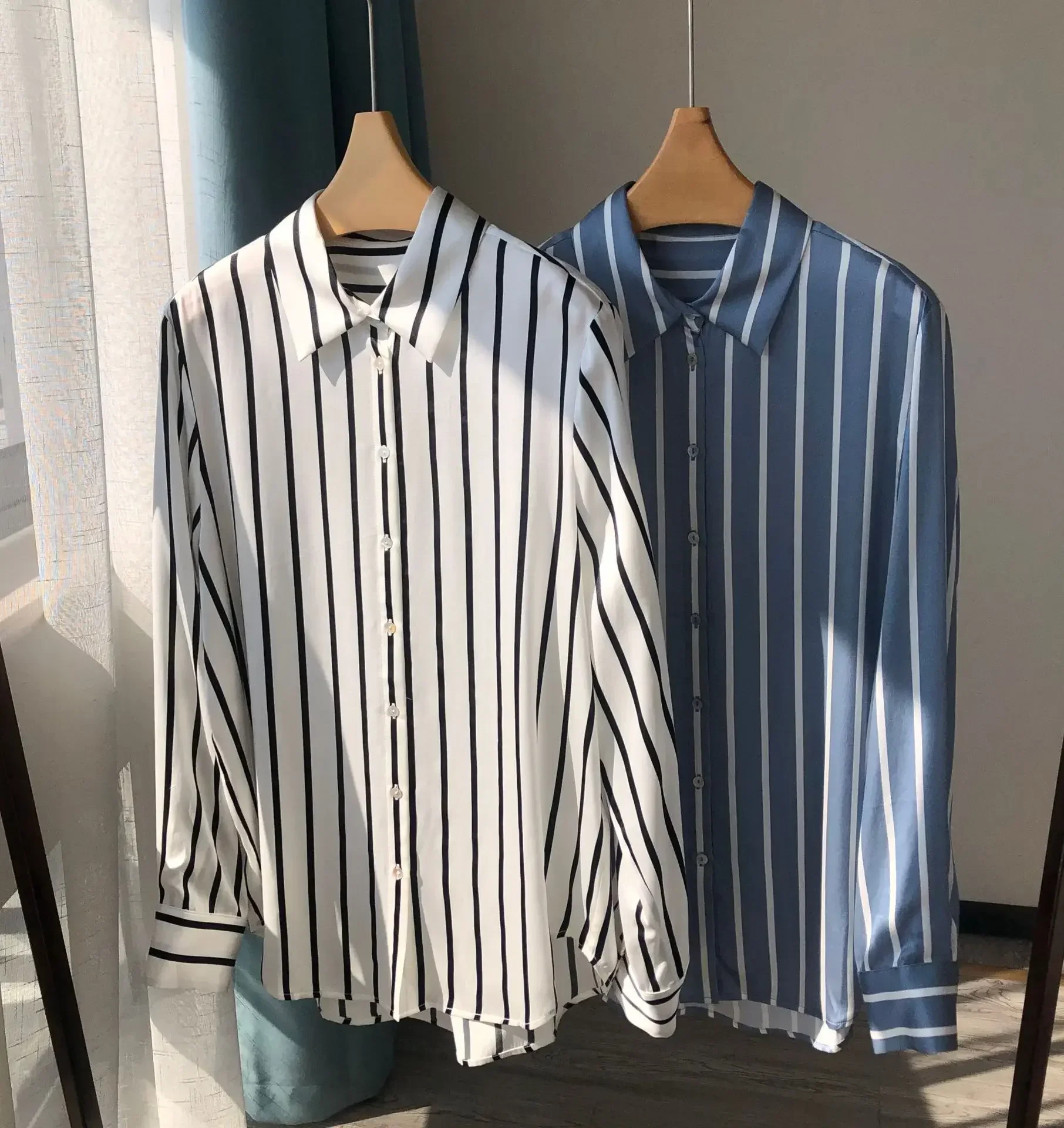 Minority Luxury 20.8 MM Sand Washed Silk Lazy Drooping Thick Striped Aesthetic Crepe Satin Plain Shirt Mulberry Silk Shirt Women