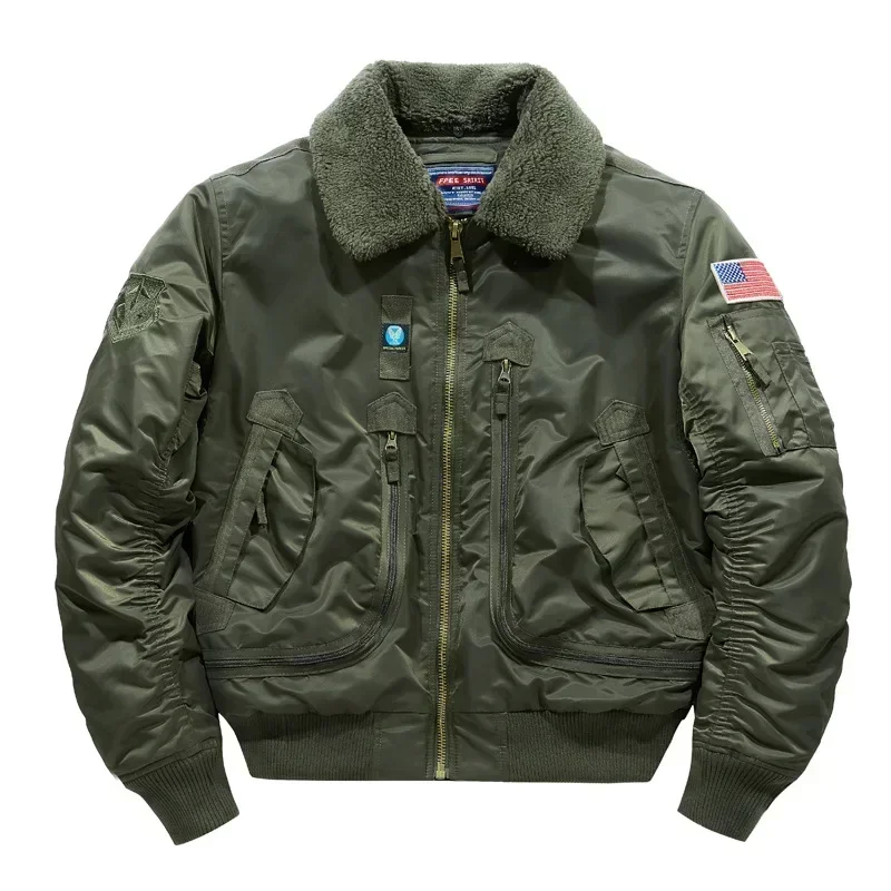 Winter Warm Thickened Men\'s Outdoor Hunting Jacket Large Pocket Aviator Air Force Coat Army Green Bomber Jacket Lapel Coat