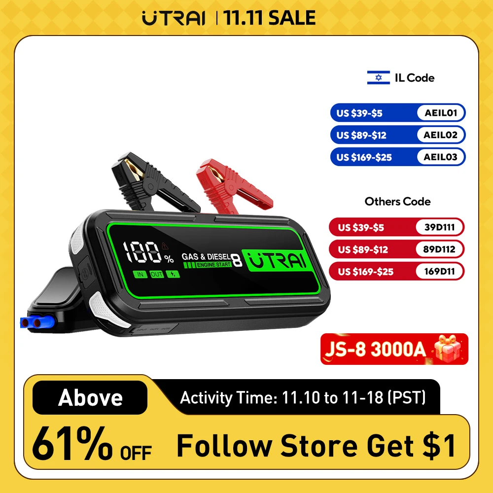 UTRAI  20000mAh Car Jump Starter Power Bank 3000A Car Booster Auto Emergency Starting Device Jump Start for Petrol Diesel