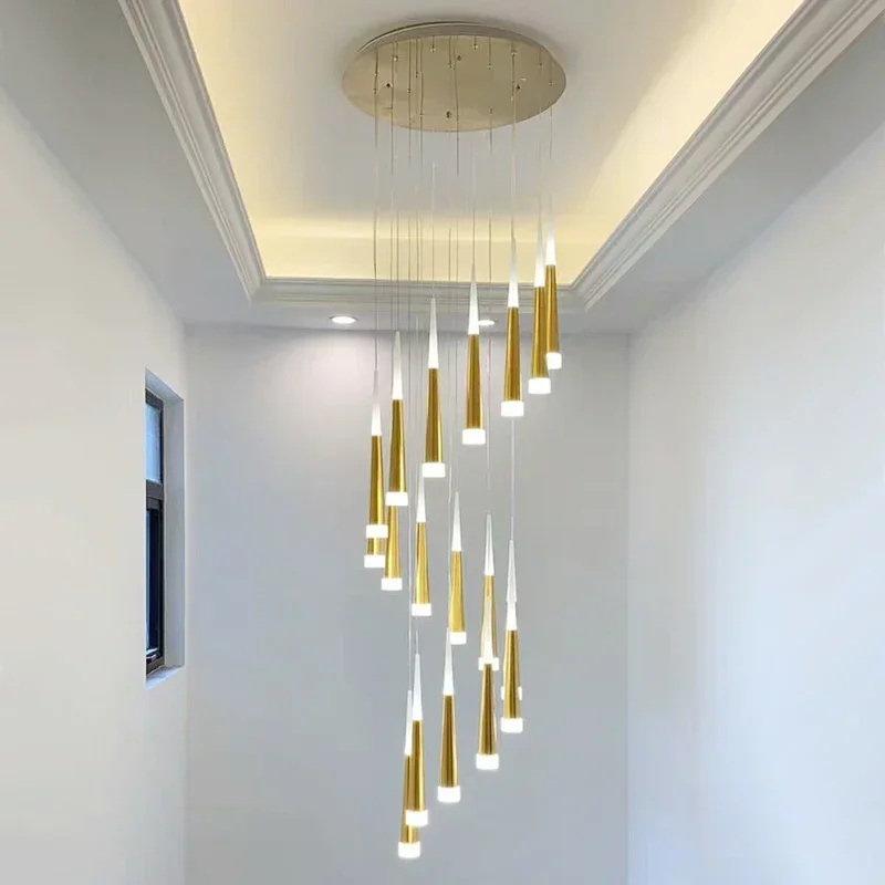 

LED Chandelier Gold/Black/White/Coffe/Silver Staircase Long Pendant Lamp Duplex Building Villa Attic Adjustable Hanging Light