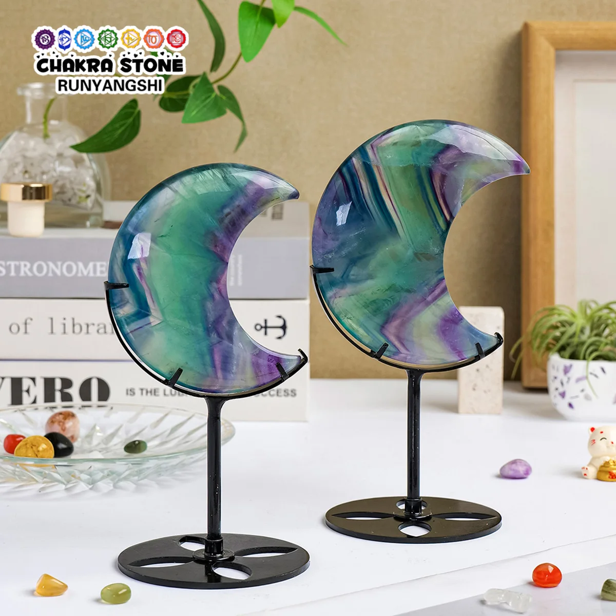 

1PC Hand-Carved Natural Rainbow Fluorite Statue Moon Decoration Stone Home Office Festive Gift Christmas Enthusiasts