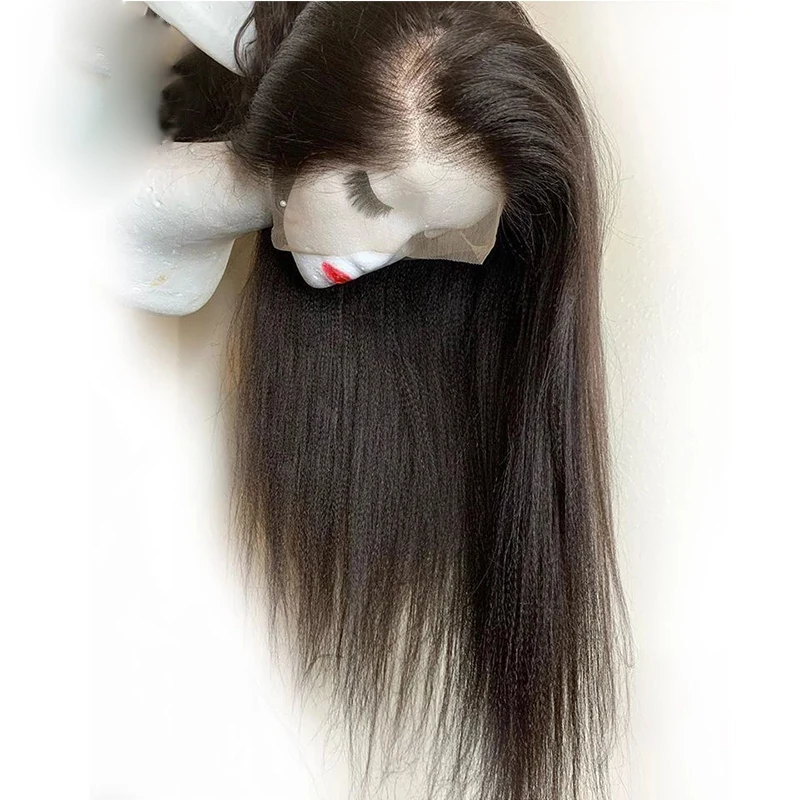 Middle Part 26 ”Long Kinky Yaki Straight Preplucked 180Density Natural Black Lace Front Wig For Women Babyhair Glueless Daily