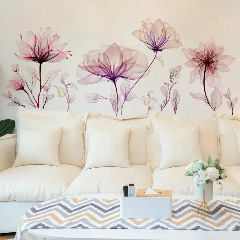 Pink Flowers Wall Stickers for Living Room Bedroom Background Wall Decor Girls's Room Home Decorative Stickers Wall Decals Mural