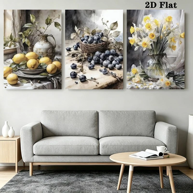 2D Flat, 3pcs Modern Farmhouse Wall Art Decor - Lemon Blueberry Narcissus Floral Still Life Prints, less Suitable for Living
