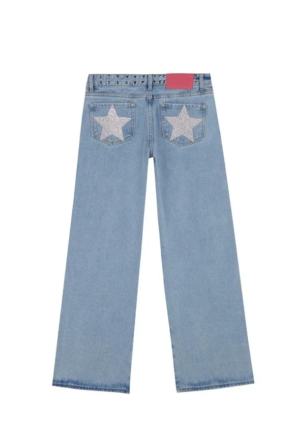 Vintage Jeans Women High Waisted Denim Pants Five Pointed Star Print Harajuku Street Baggy Casual Straight Leg Trousers Y2K