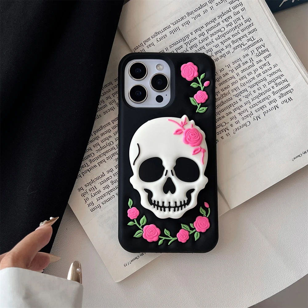 Lustige Halloween-Schädelhalterung, weiche Silikonhülle für iPhone 16 Plus 15 14 13 12 11 Pro Max, 3D-Cartoon-Ständerhalter-Abdeckung – Detail 4