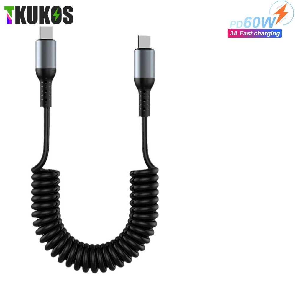 PD 60W Fast Charging Spring USB C to Type C Cable for iPhone 15 Pro Max Samsung S21 Xiaomi Huawei Phone Car Charger Type-C Cable