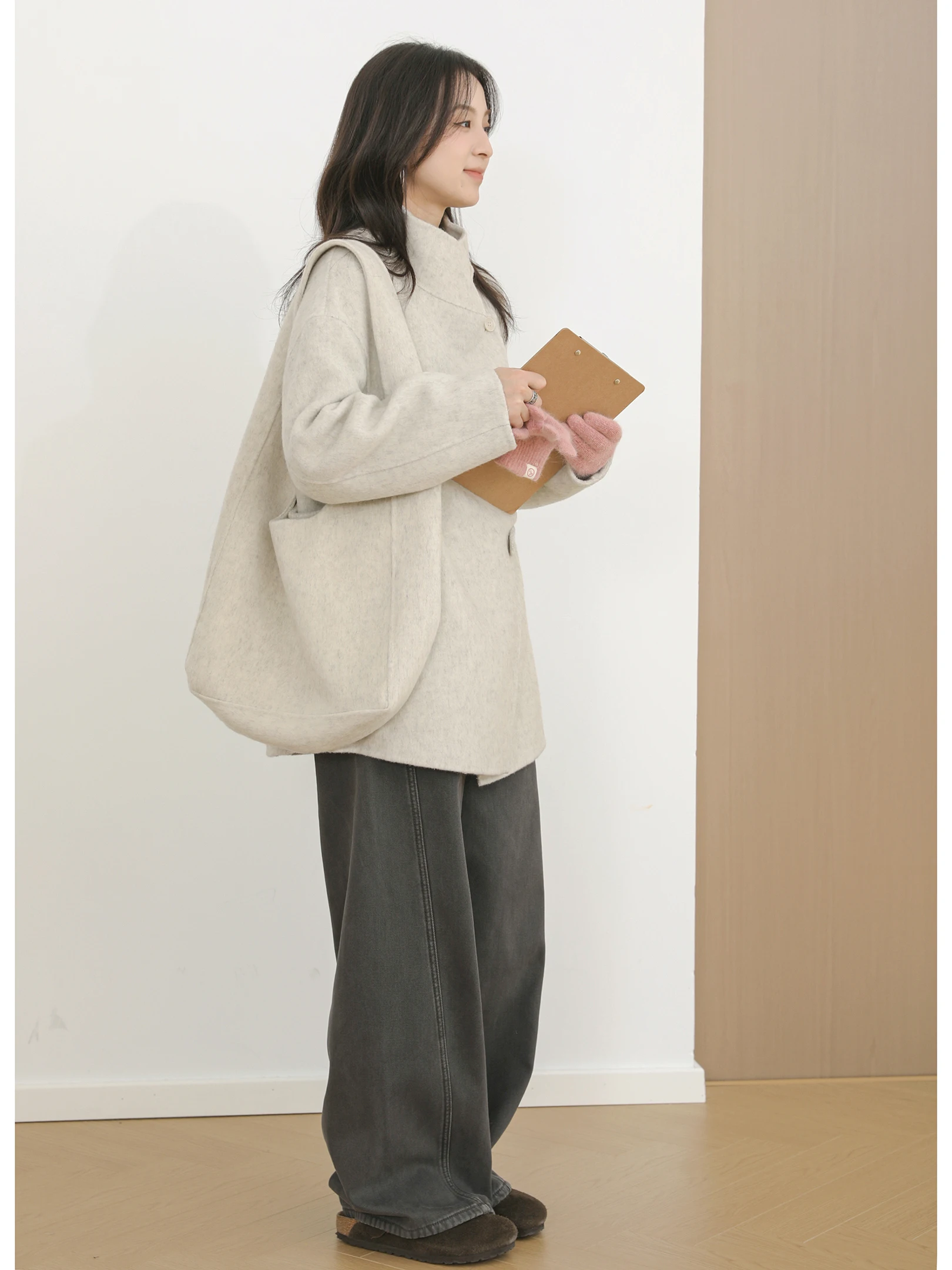 

Sa Autumn Winter New Double-sided Woolen Coat Loose Fit Small Stand Collar Lazy Sle Korean Faion Woolen Outerwear