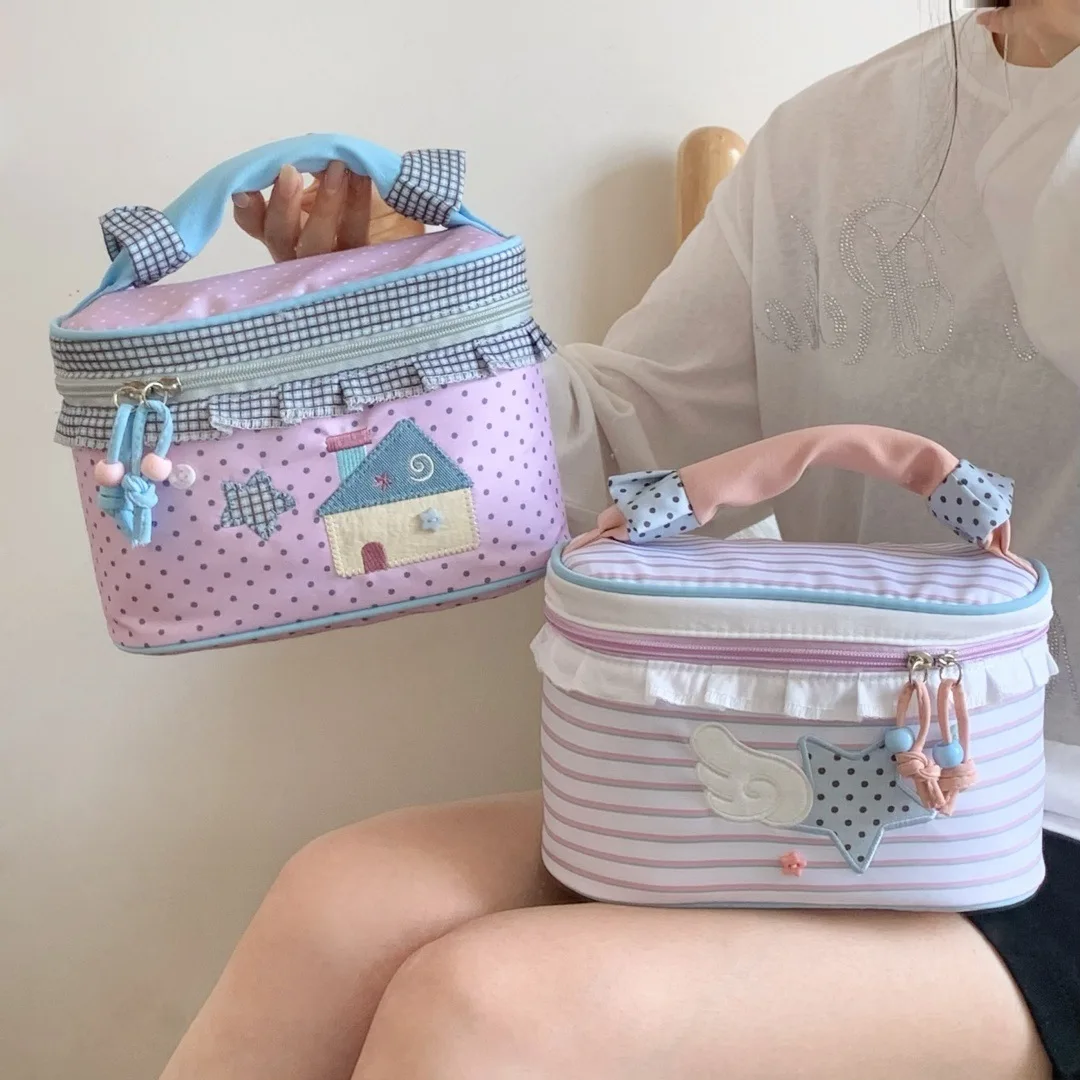 韓国風パッチワークストライプポルカドットメイクアップバッグ(女性用)、大容量ポータブルハンドヘルドトイレタリーポーチ、トラベルコスメティックオーガナイザー 1