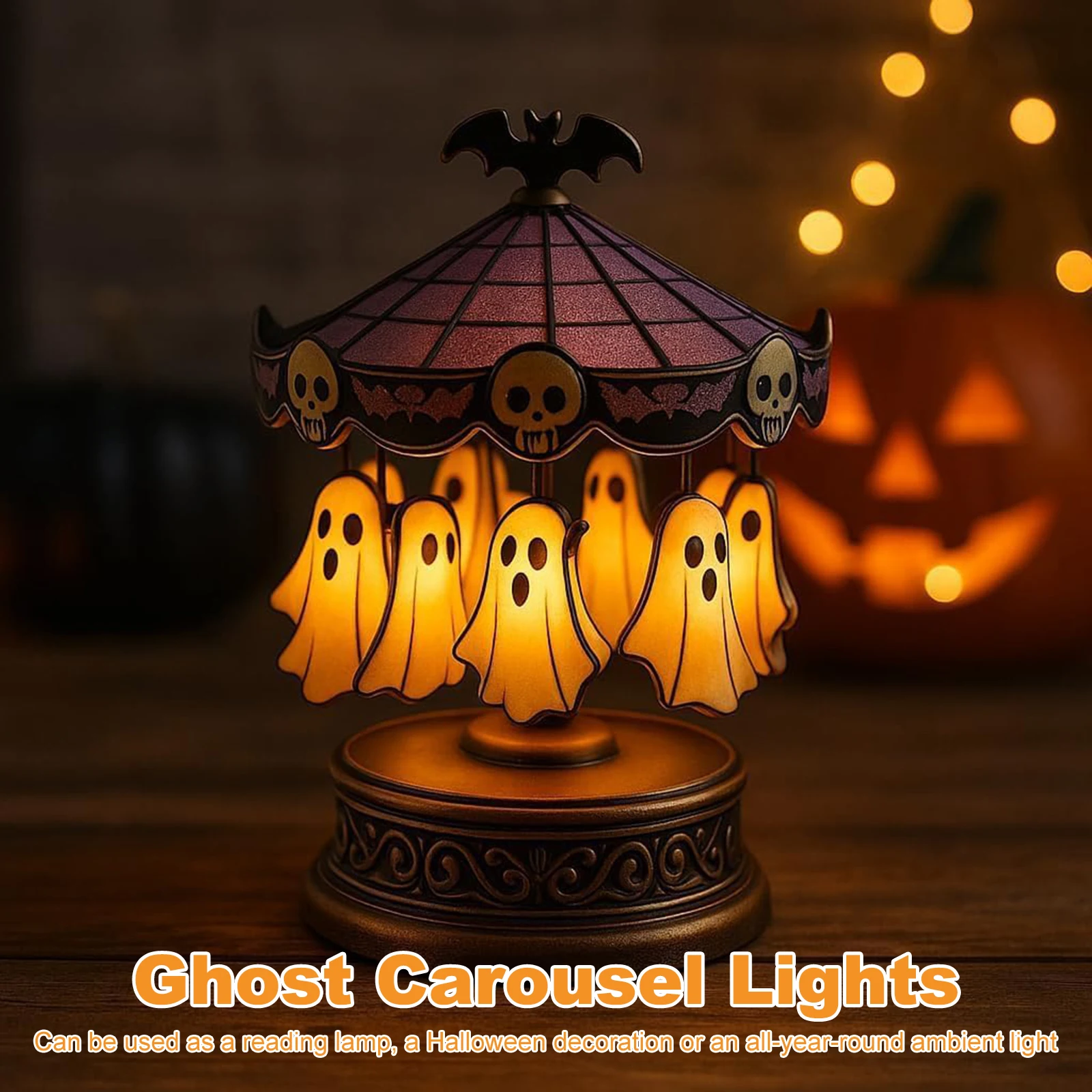 Purple Glass Carousel Night Light with Ghost Halloween Spooky Carousel Lamp for Kitchen Living Room Bedroom Study Halloween