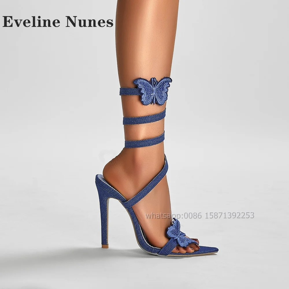 Butterfly Embroidery Decoration Denim Sandals Pointed Toe Stiletto Ankle Strap Side Air Lady Heels Runway Show Sexy Shoes Summer