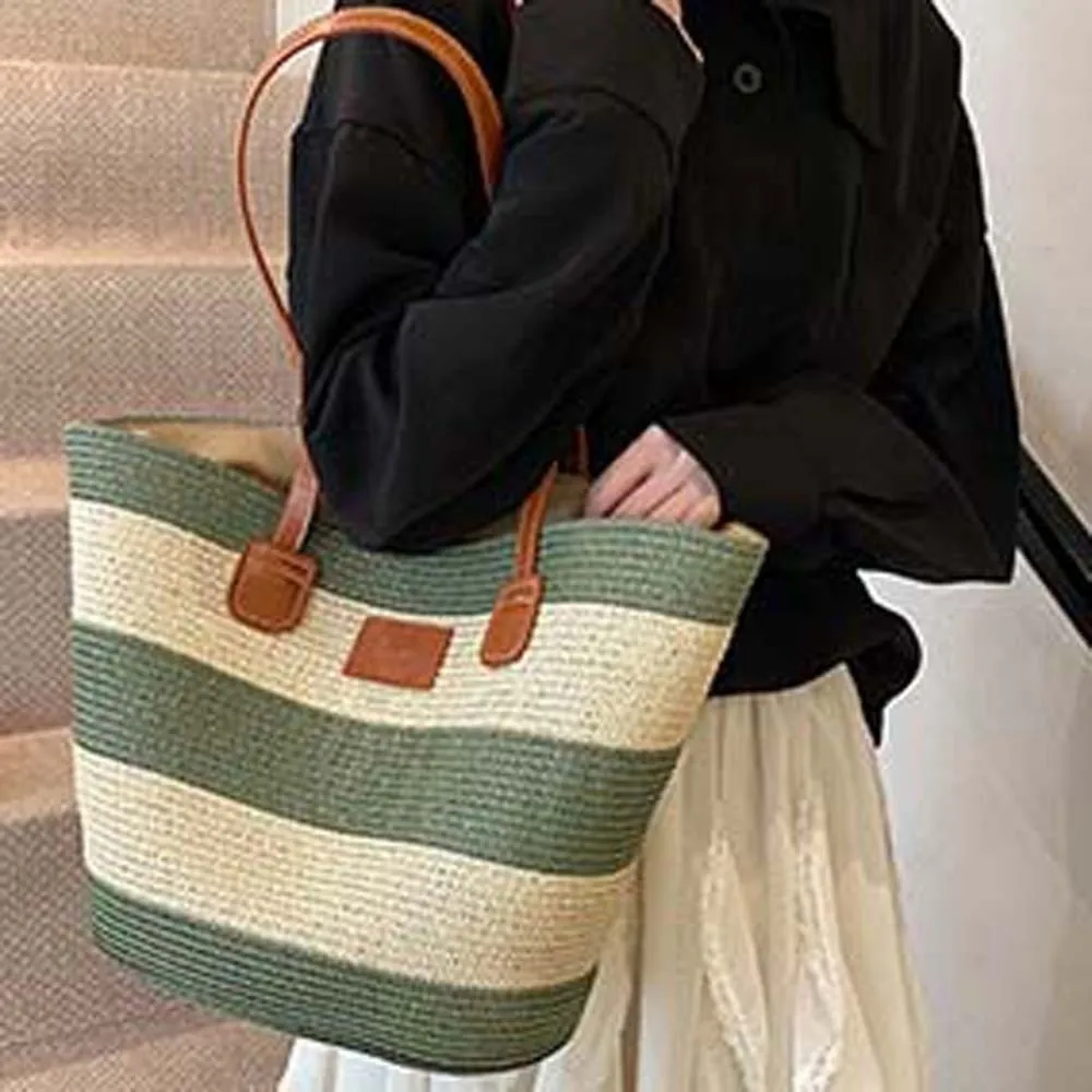 Large Capacity Stripe Woven Tote Bag Polyester Lightweight Shopping Straw Bag Contrast Color Leather Summer Beach Handbag