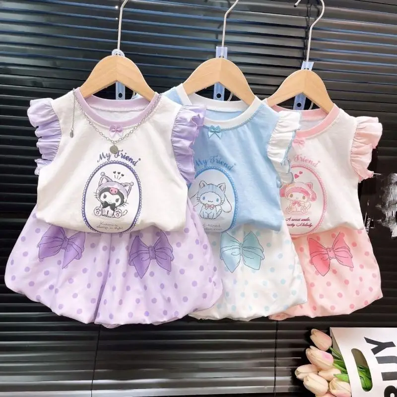 

Sanrio 2Pcs Kuromi Sleeveless New Style My Melody Cute Children Kawaii Flower Pants Cartoon Cinnamoroll Print Baby Summer Vest