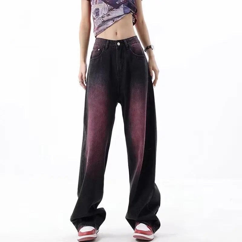 Red Vintage Harajuku Jeans Women Cyber Wide Leg Hippie Denim Pants High Waist Streetwear Trousers Casual Kpop Baggy Full Length