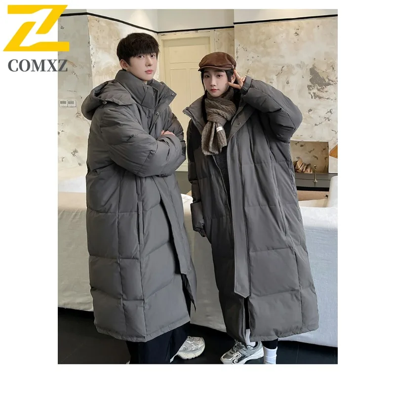COMXZ Men's Winter Jacket New Hong Kong Trendy Brand Loose Long Thick Warm Skiing Puffer Jacket Snowy Cold-Resistant Down Jacket