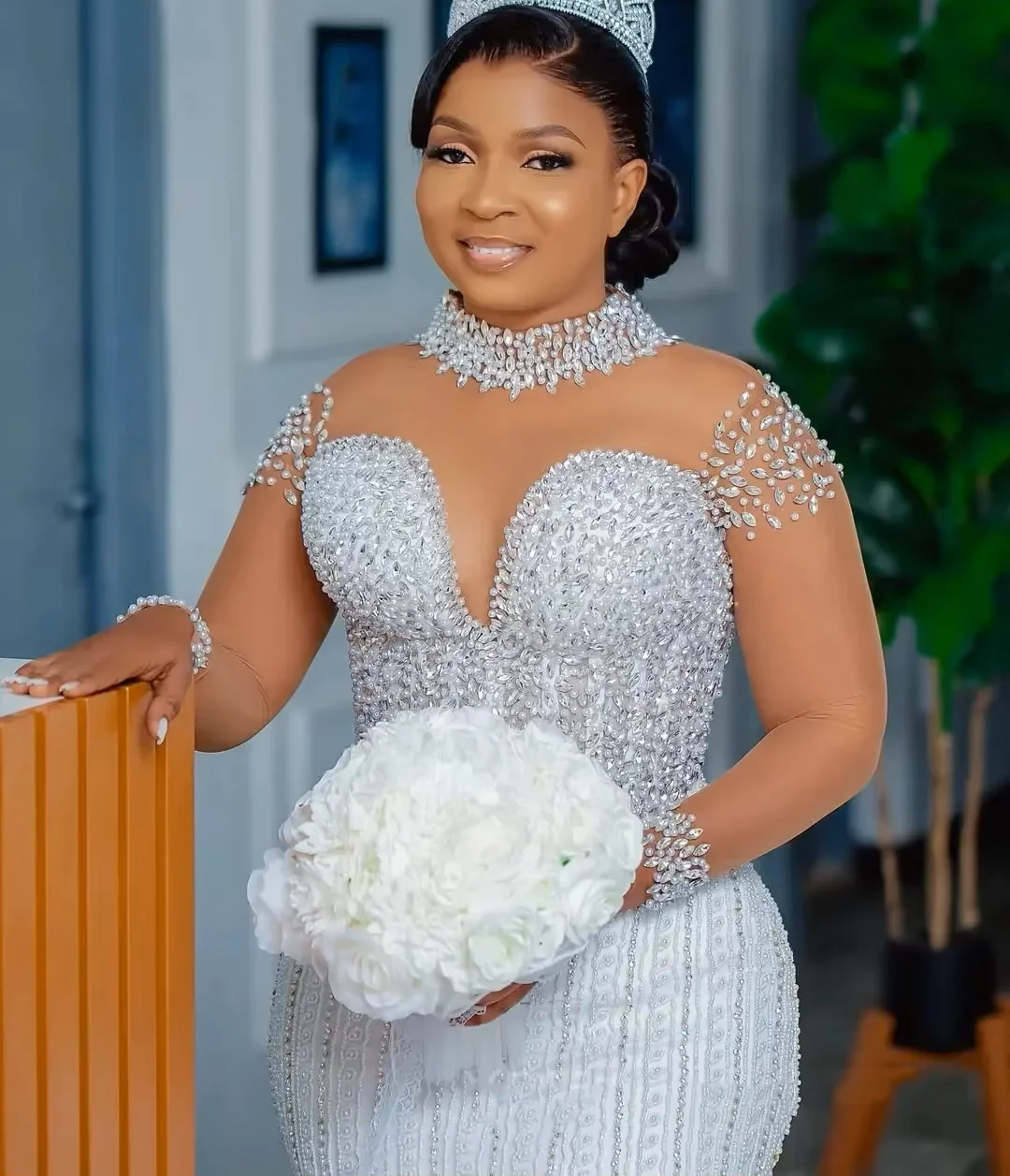 Luxury South African Wedding Dresses Black Girls Mermaid Long Sleeves Beaded Ruffles Train Plus Size Bridal Gown Bride Dress