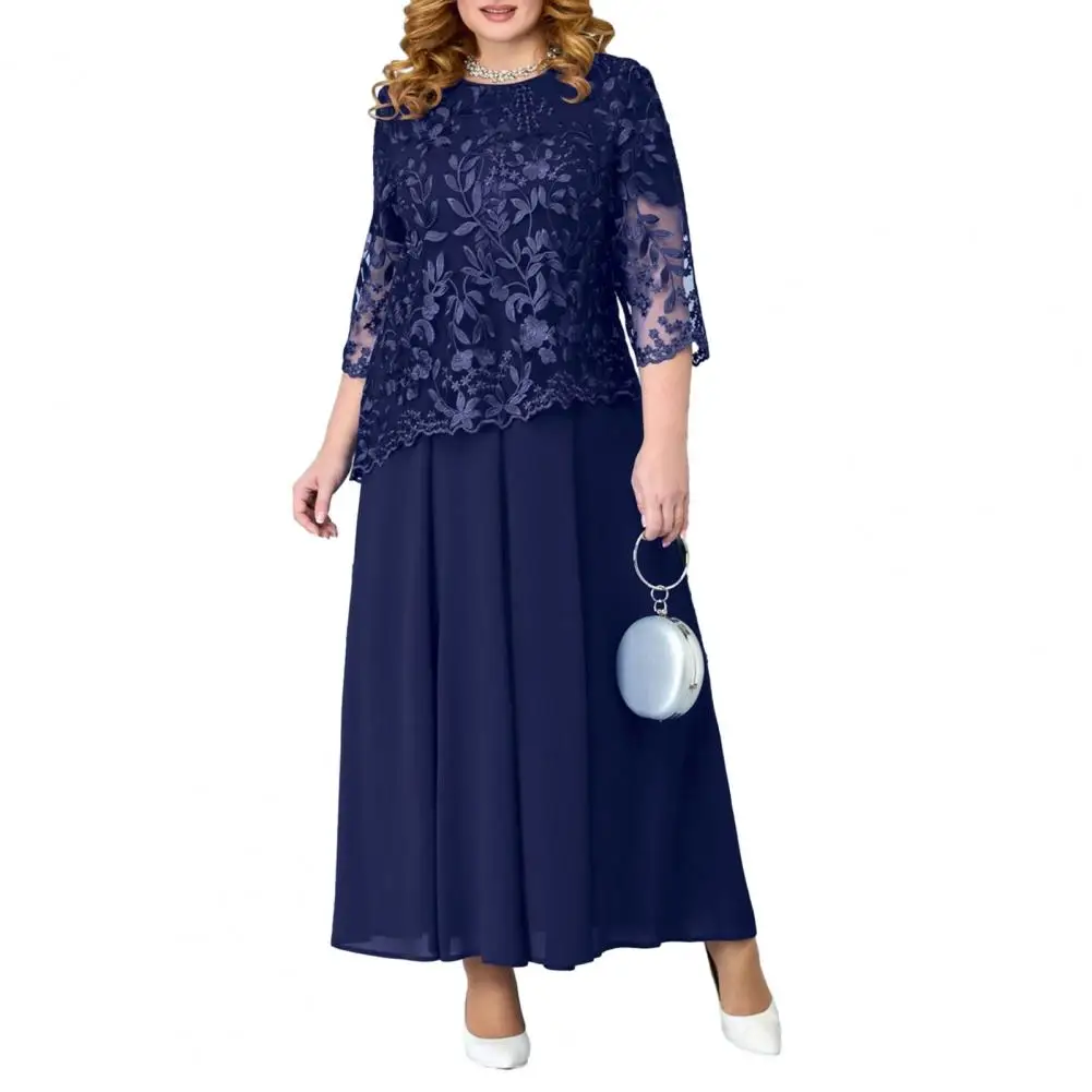 Pleated Waist Dress Elegant Plus Size Maxi Dress with Flower Embroidery Lace Detail Three Quarter Sleeve O Neck Fake Two-piece