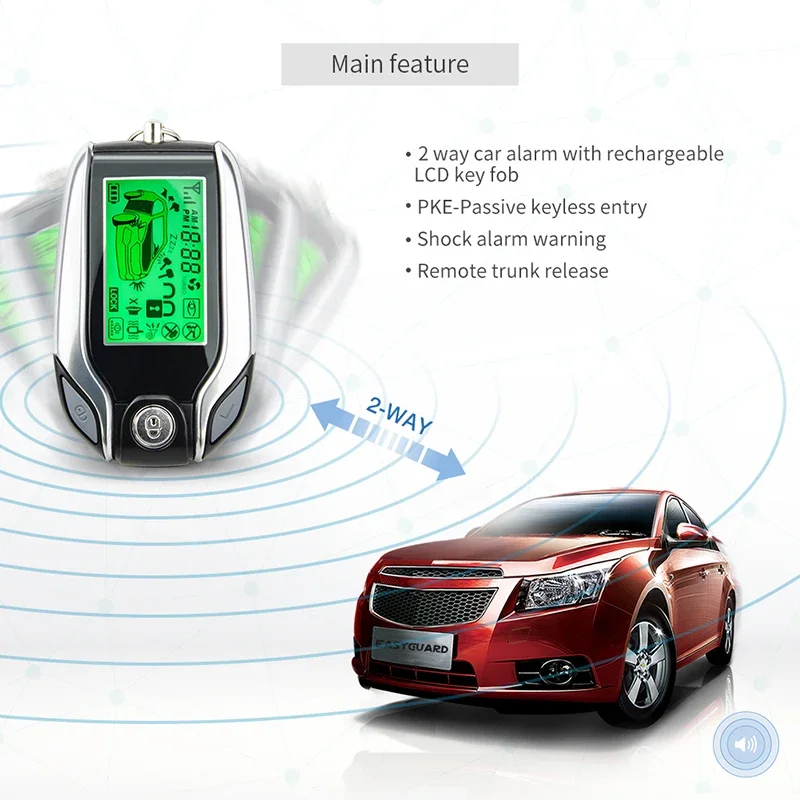 EASYGUARTD EC204 DC 12V 2 Way Car Alarm System LCD Pager Display Vibration Warning & PKE Passive Keyless Entry