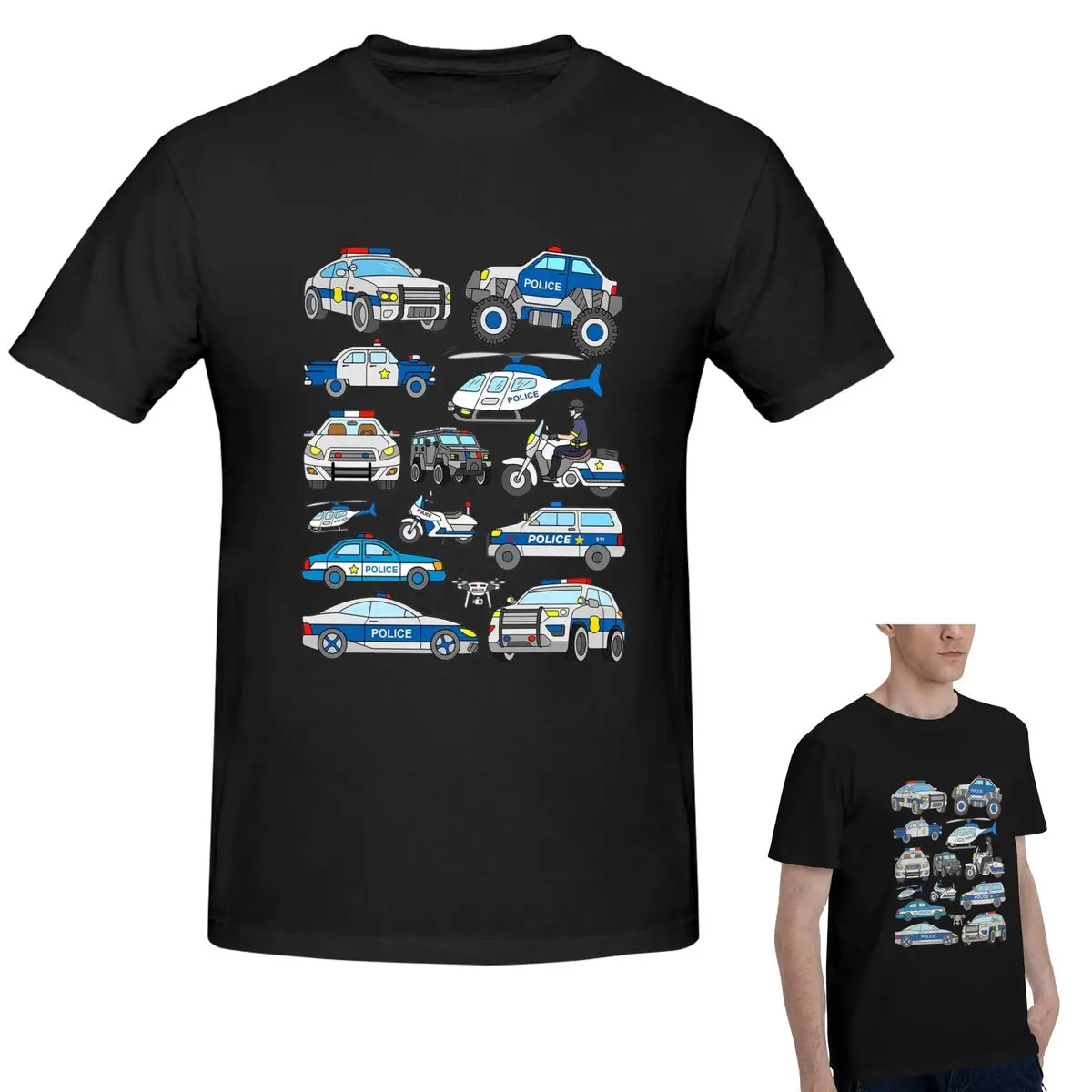 

100% Cotton Police Car Design T-Shirt Men's Funny Oversized T Shirt Men Round Neck Summer Shirts Tops S-6XL