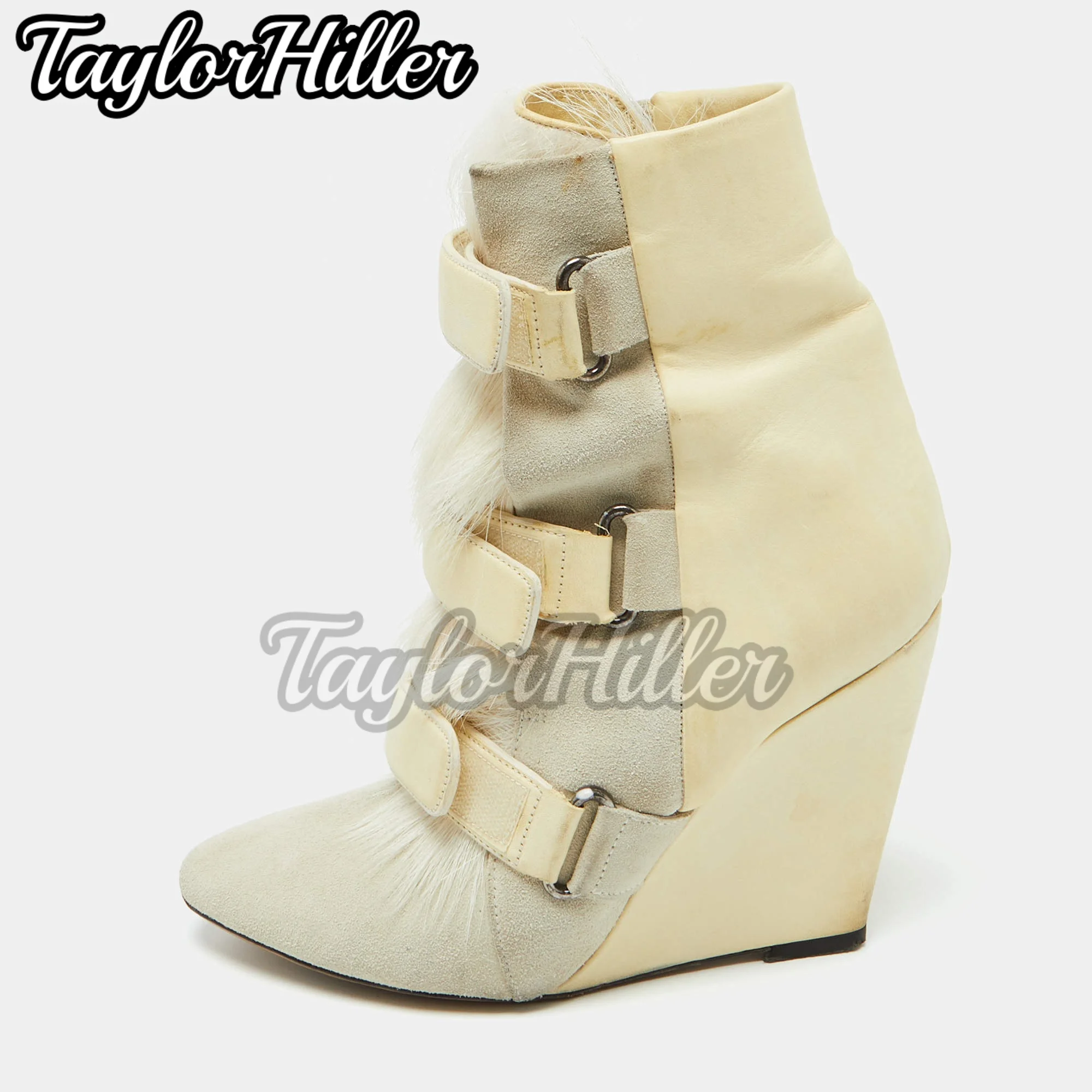 Black Fur Boots Pointed Toe Botas Women Luxury Designer Shoes Multi Buckle 2025 New Winter Sport Mid-calf Booties Solid Zapatos view 6