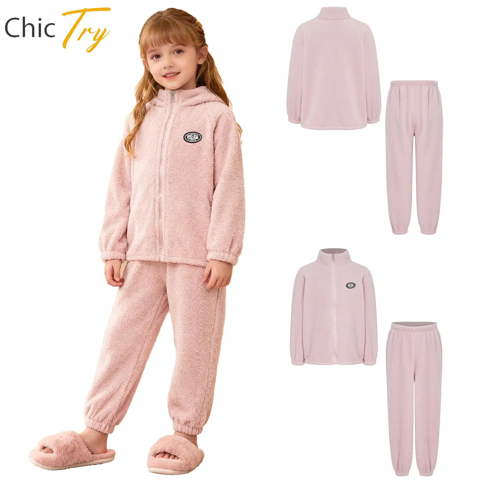 

Girls Boys Fleece Workout Casual Outfit Homewear Loungewear Long Sleeve Jacket+Pants Set Kids Winter School Fashion Clothing