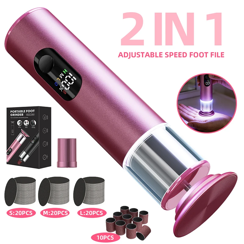 Electric Foot File Callus Remover 2-in-1 Rechargeable with 60PCS Replaceable Sandpaper Discs Nail Pedicure Tool Set for Smooth F