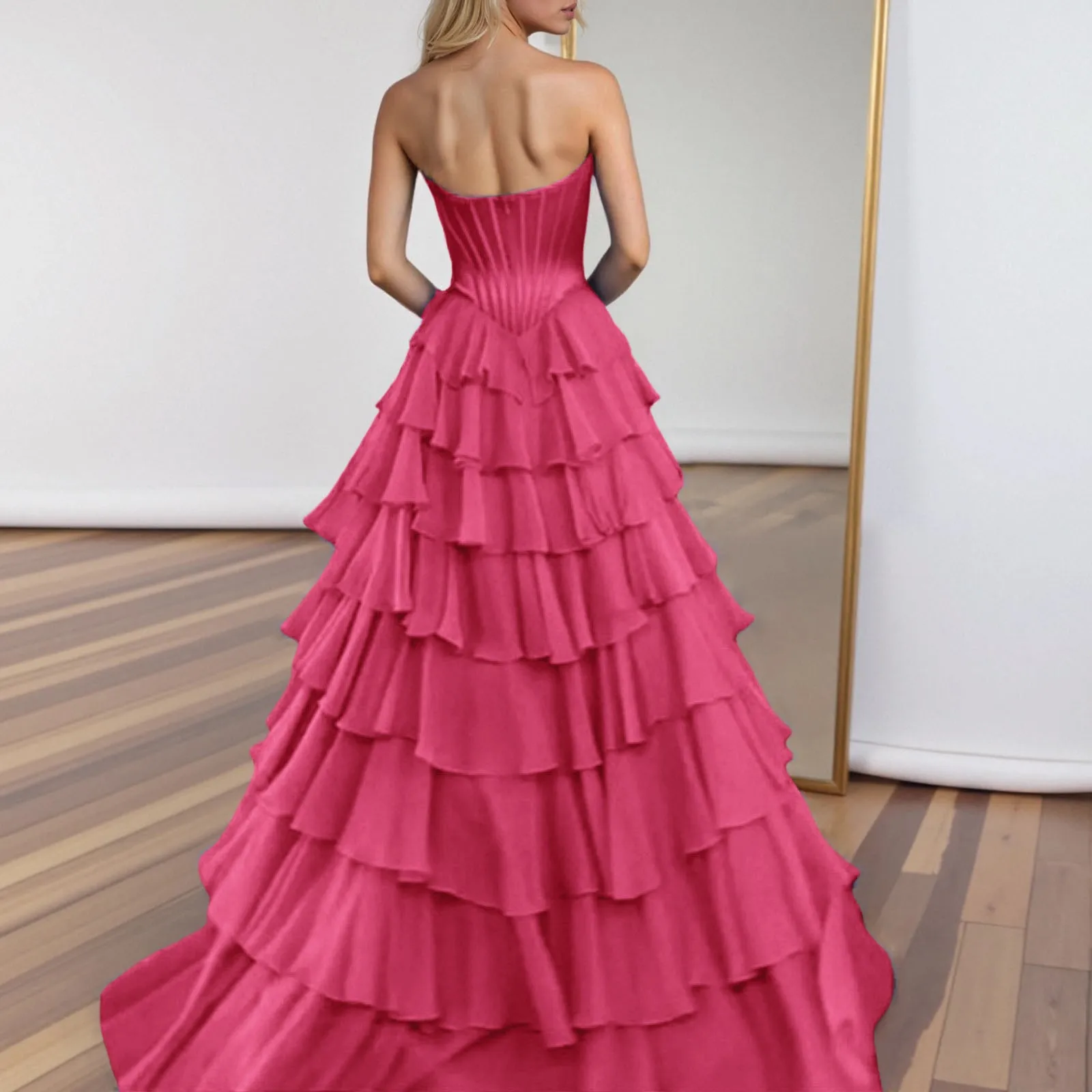 

2025 Strapless Tiered Ruffles A-line Prom Dress A-line Side Split Zip Back Evening Gown Dresses Formal Off Shoulder Party Dress