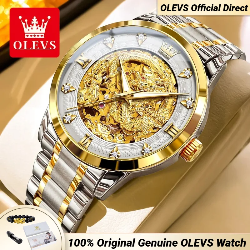 OLEVS 7027 Men's Watch Luxury Brand Automatic Mechanical Watch Fashion Golden Dragon Design Diamond  Men's Watch Relios Masculin