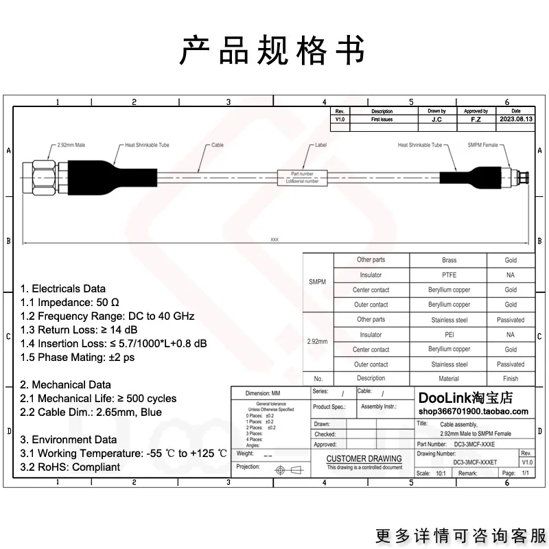 RF connection cable 40G 10/50/100cm 2.92/SMPM-JK 2.92 revolution SMPM female low loss