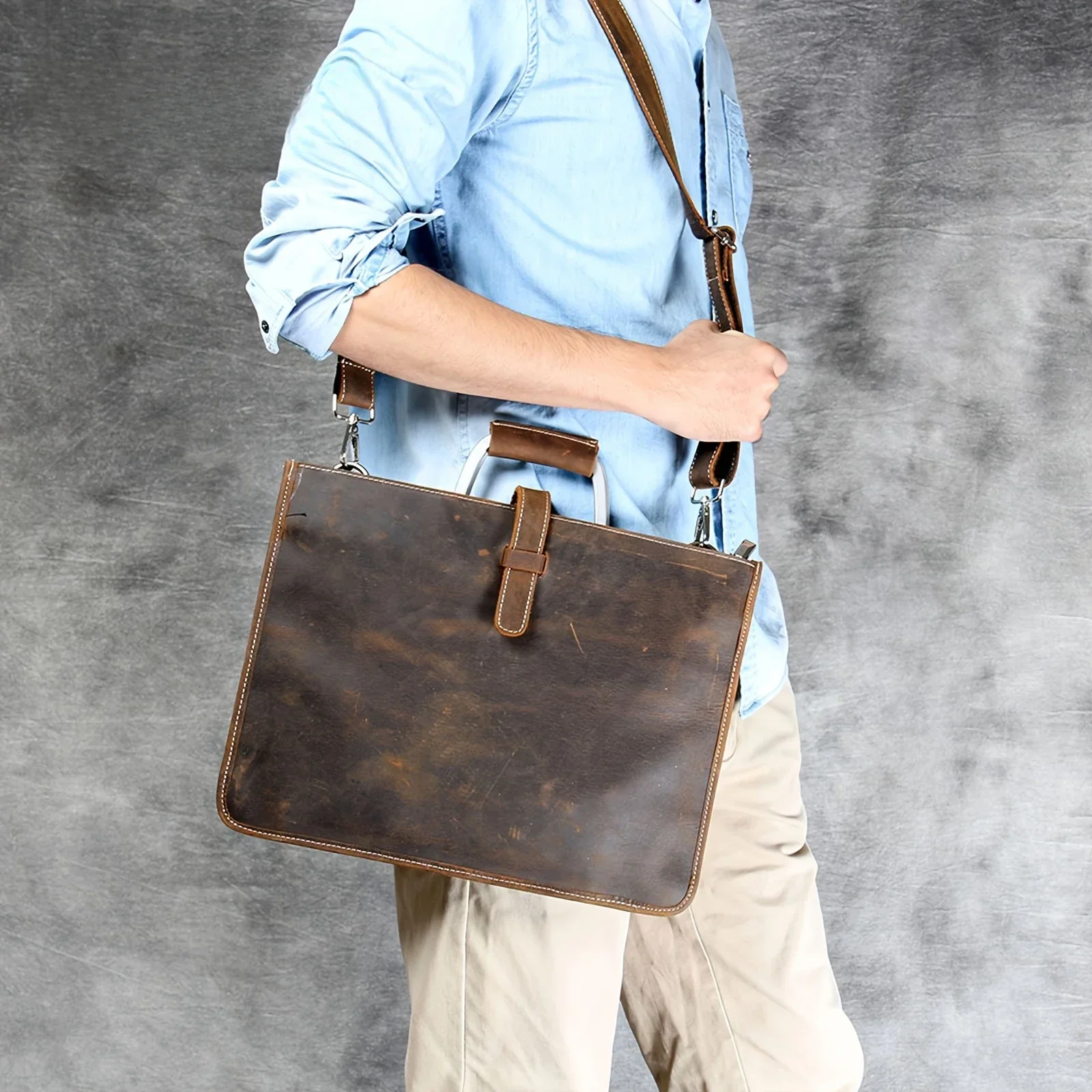 Men’s Luxury Cowhide Leather Clutch Briefcase, A4 Document iPad Wallet Purse, Top Layer Business Bag