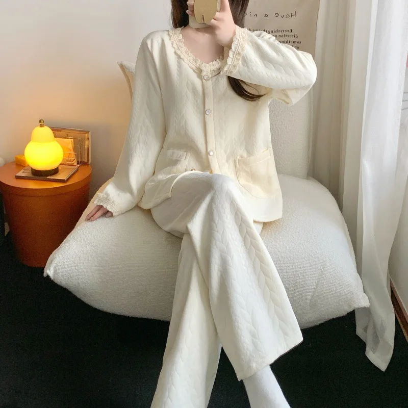 

Женская одежда, однотонные пижамы для девочек, осенне-зимняя удобная одежда для сна, новая модель домашней одежды, хлопковый пижамный комплект, костюм