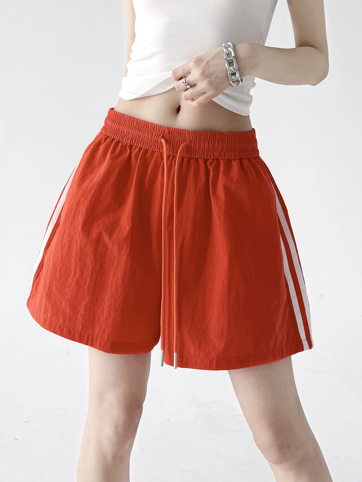 High Waist Short Pants Women's Summer 2026 New Style Casual Red Sports Pants Versatile Slimming Wide Leg Commute Style Nylon