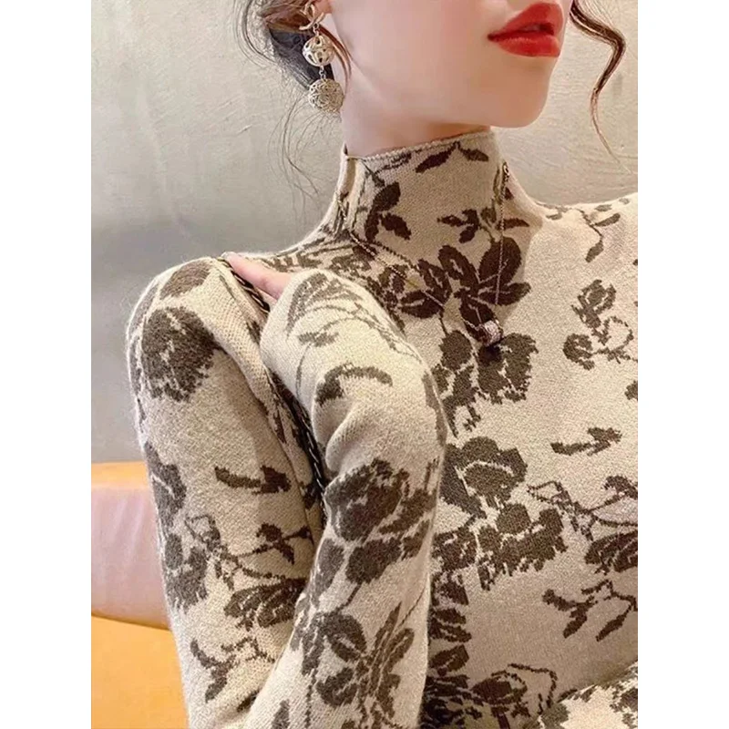 Women Clothing Jacquard Knitted Sweaters Autumn Winter New Vintage Fashion Inside Soft Comfort Knitwear Slim Pullover Tops