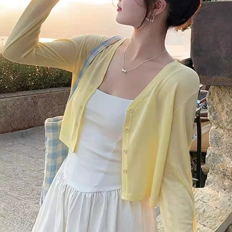 سترة علوية متماسكة بأزرار أمامية وأكمام طويلة، سترة صوفية قصيرة عادية للنساء للربيع والصيف، ملابس يومية للفتيات المراهقات