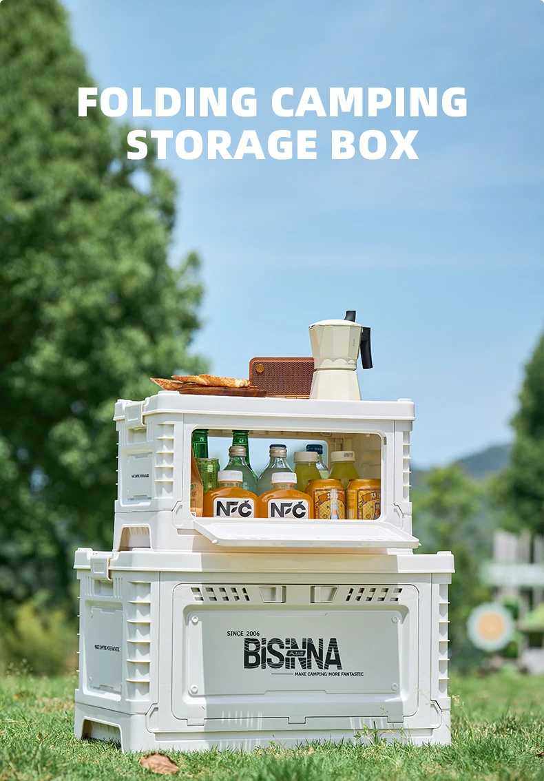 BISINNA Camping Box 30L/60L Large Capacity Folding Storage Box Car Trunk Wooden Lid Home Bedside Table for Outdoor Picnic Travel