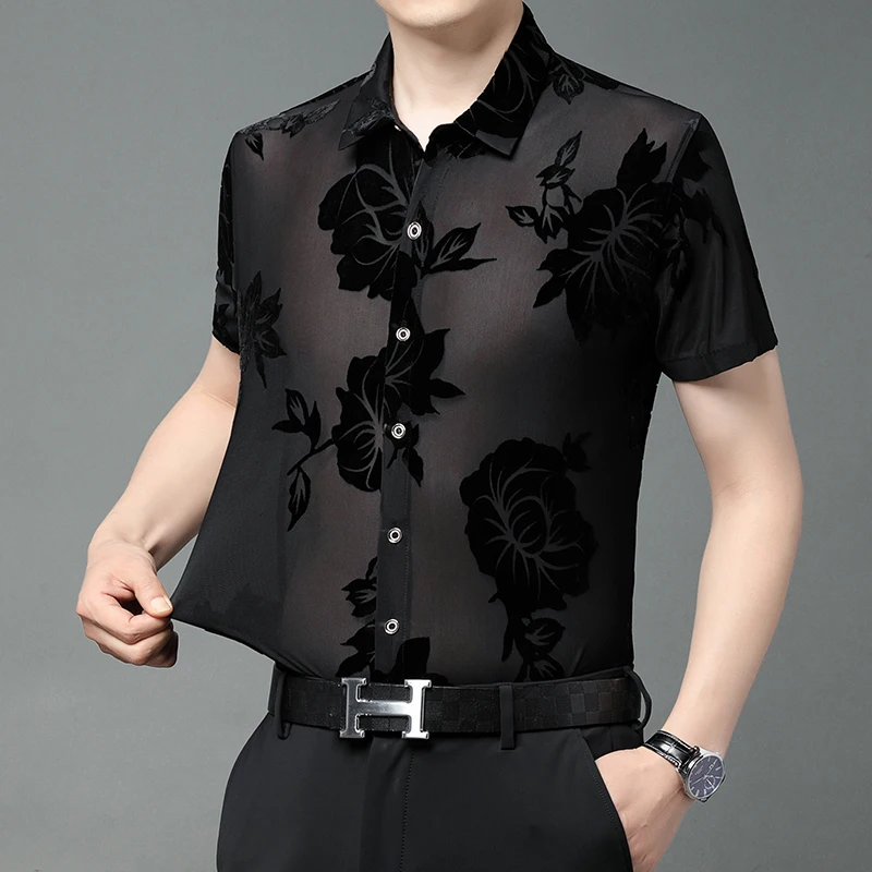 Summer Hollow Lace Luxury Shirts For Men Short Sleeve Transparent Velvet Top Quality Soft Comfortable Stretchy Camisas De Hombre