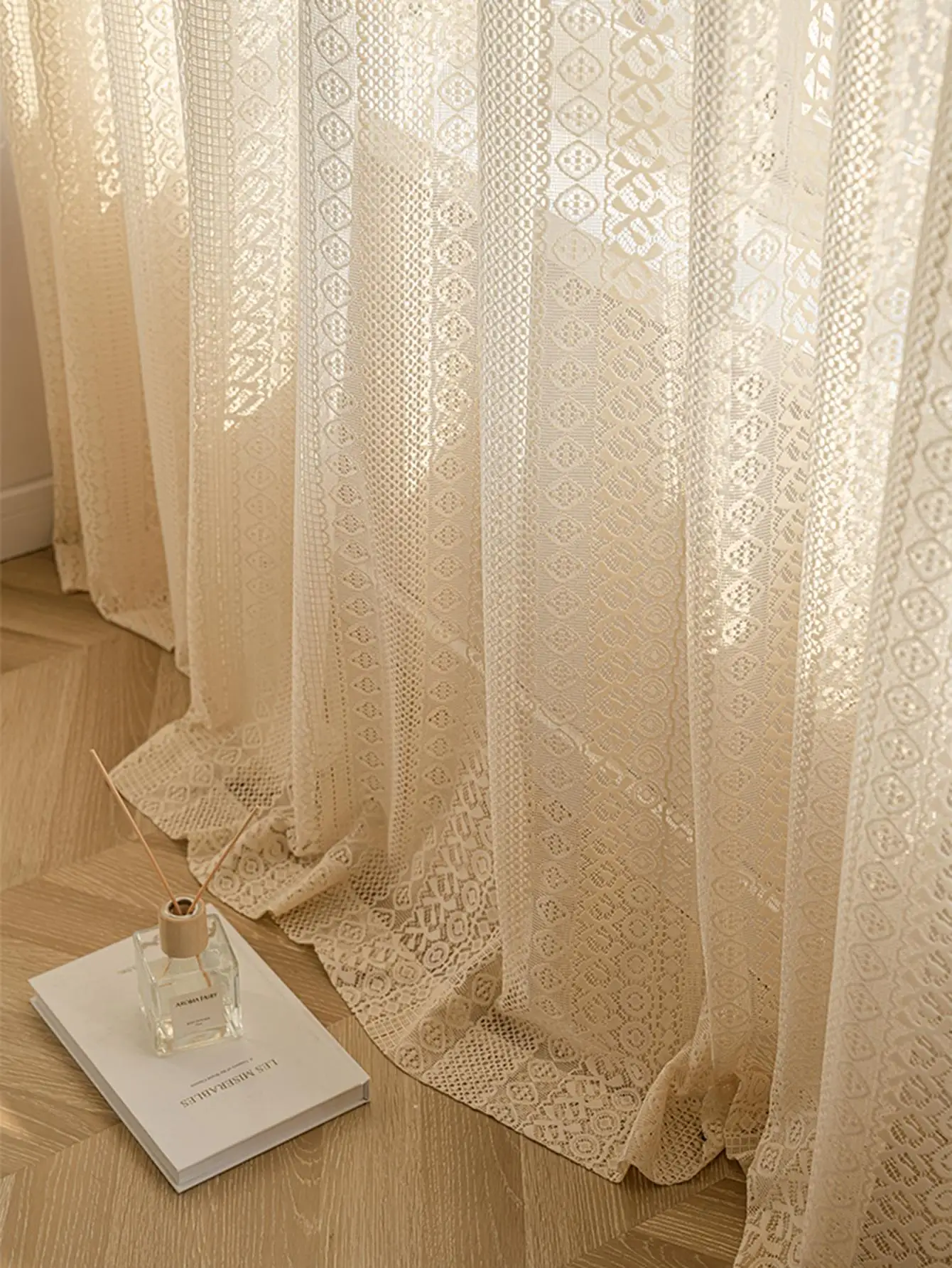 1PC Japanese Boho Style Voile Tulle，Beige Vintage Argyle Geometric Sheer Curtain，Rod Pocket，for the Living Room Decor