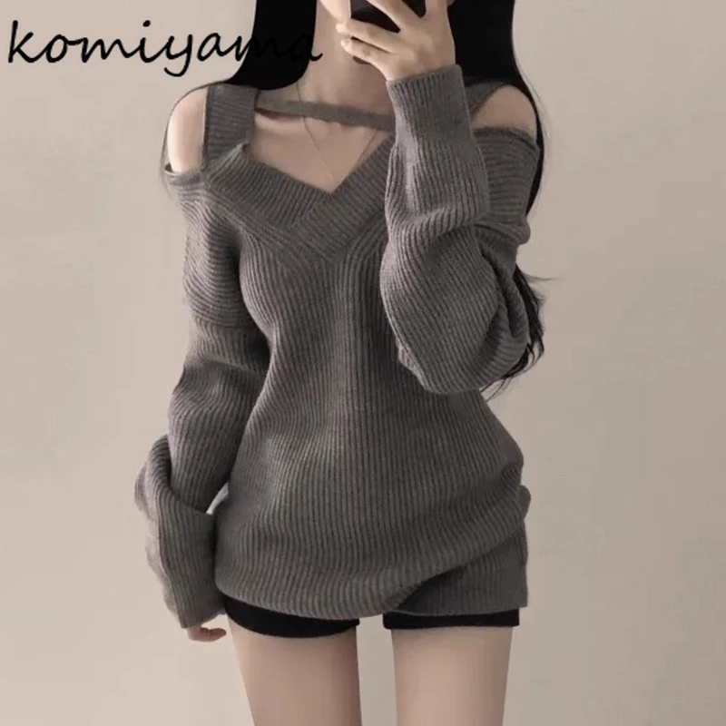 

Сексуальный свитер с открытыми плечами в стиле Pure Desire Ropa Mujer, мягкая одежда с длинными рукавами, женские корейские шикарные свободные универсальные топы