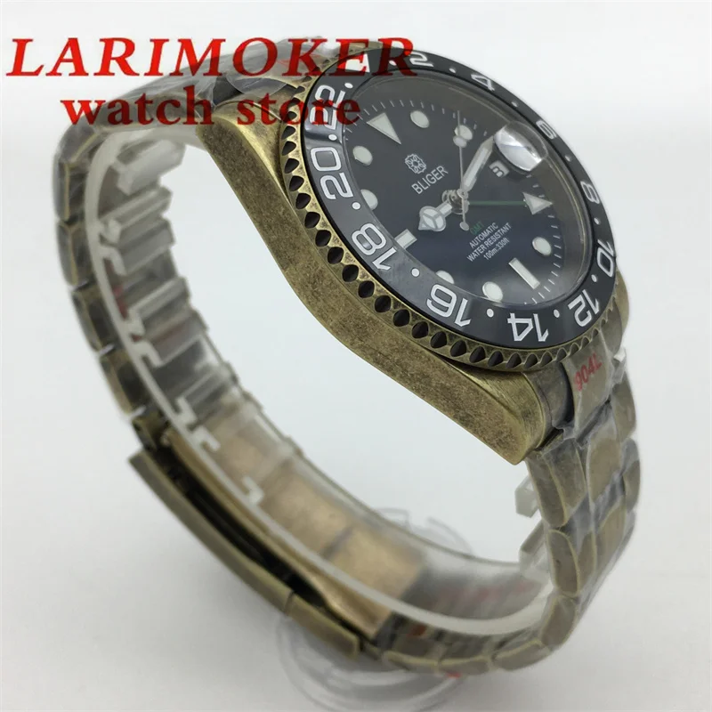 Jam tangan pria 40mm jam tangan otomatis menyelam NH34 huruf GMT perunggu gelang tiram keramik bezel bercahaya