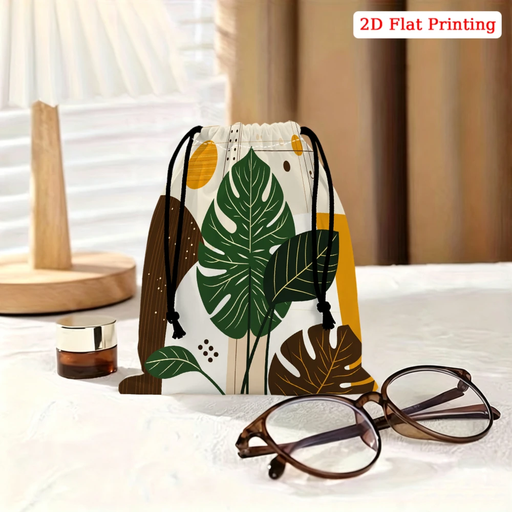 1Pc Tropical Leaf Print Drawstring Bag Green Brown Botanical Storage Small Pouch For Travel Cosmetics Glasses Organizer Portable