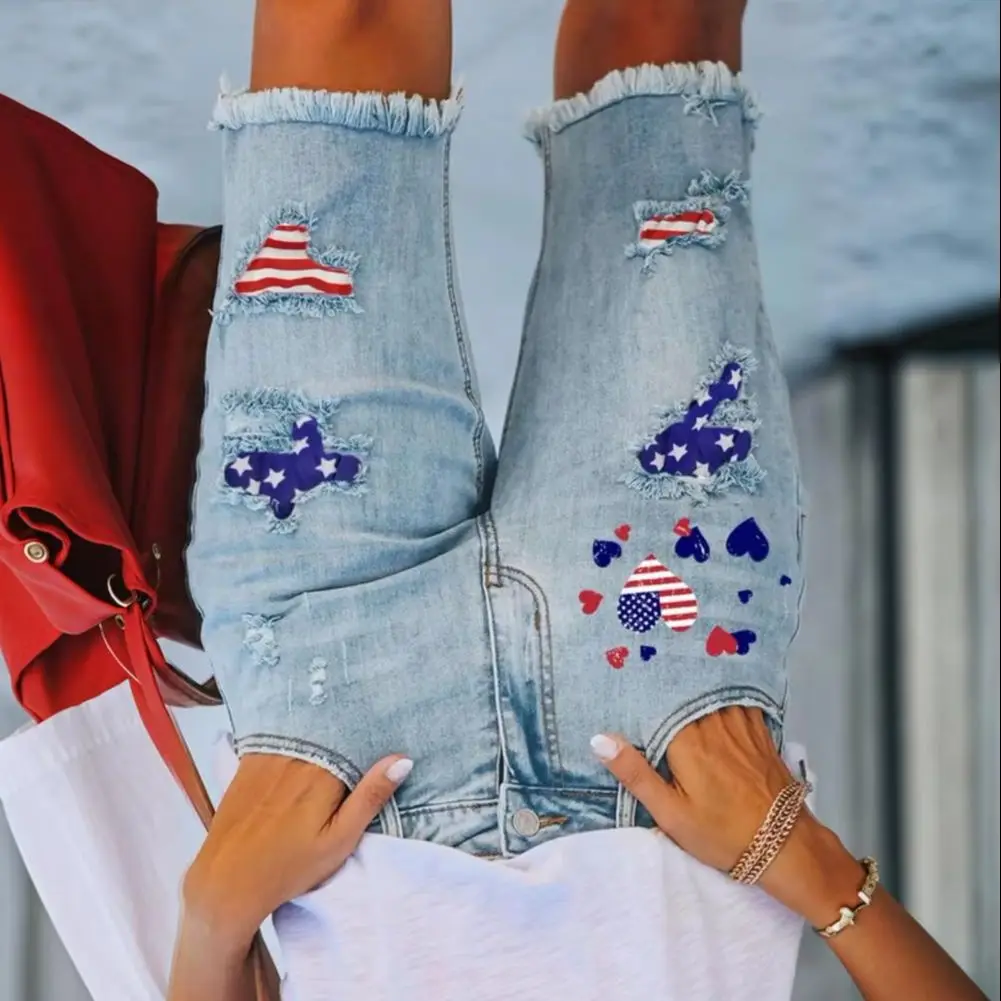 

Women Denim Shorts 2026 New Distressed Ripped Denim Shorts High Waist Stretch American Flag Short Pants Summer Jean Shorts