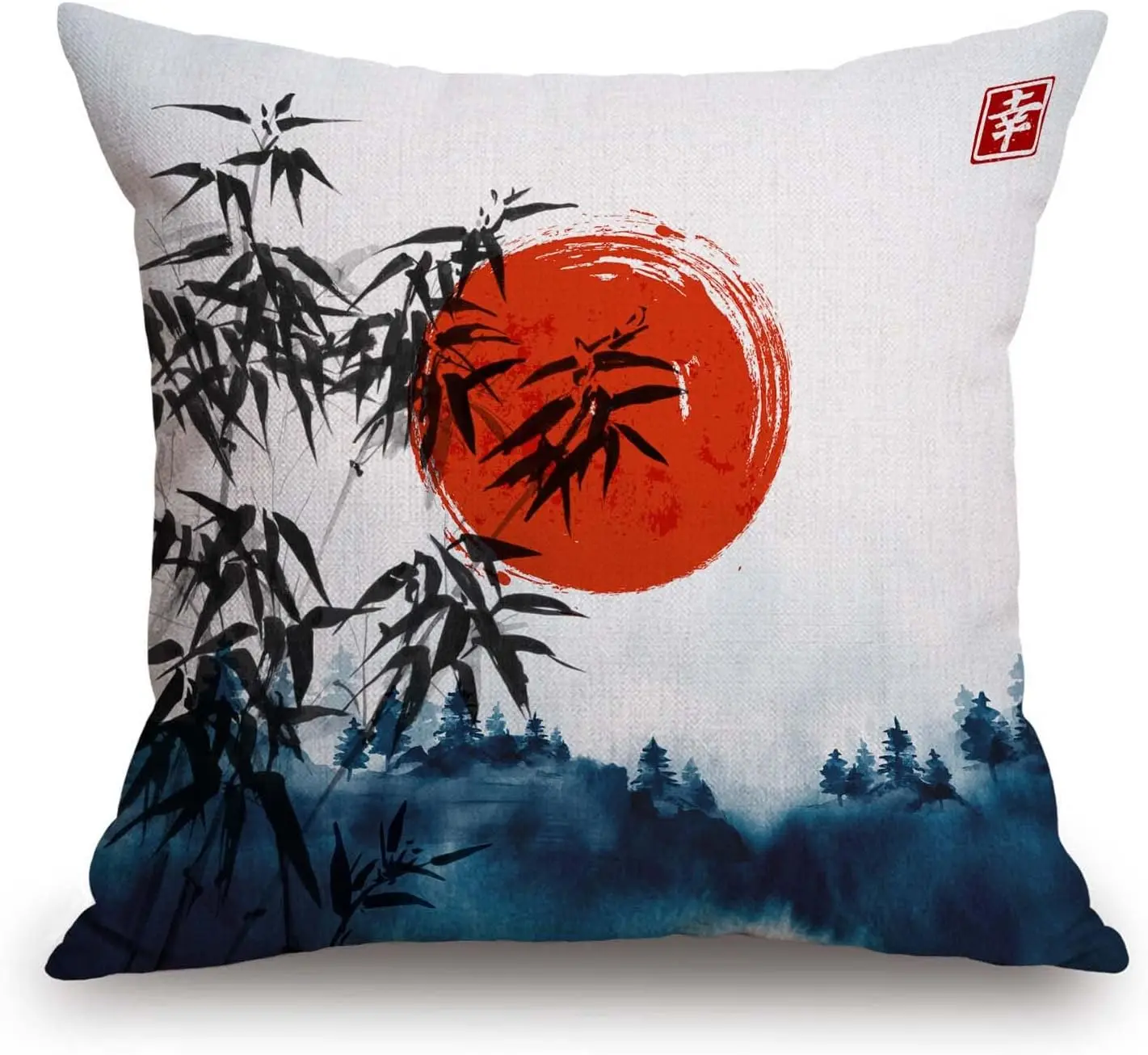 Throw Pillow Cover Japanese Bamboo Pillow case Asian Ink Painting Black Tree Stems Red Sun Mountains Decorative