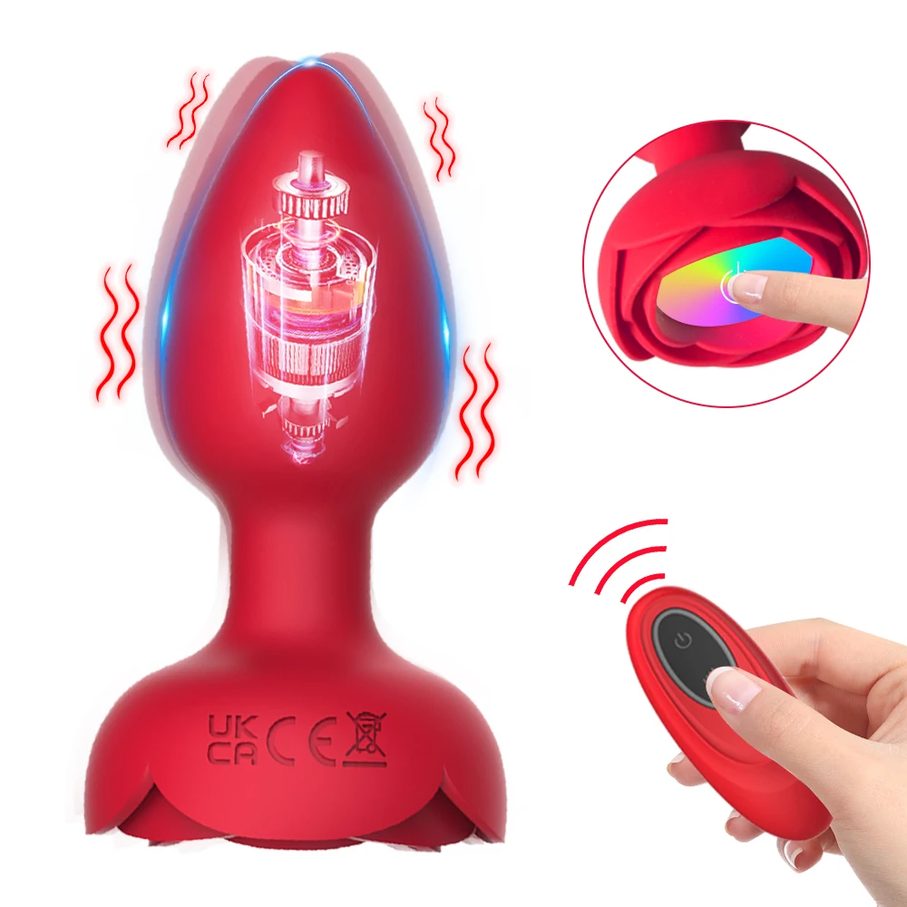 Rose Anal Plug Vibrator LED Light Wireless Remote Control Butt Plug Prostate Massager Anal Trainer Sex Toys for Women Men Adult