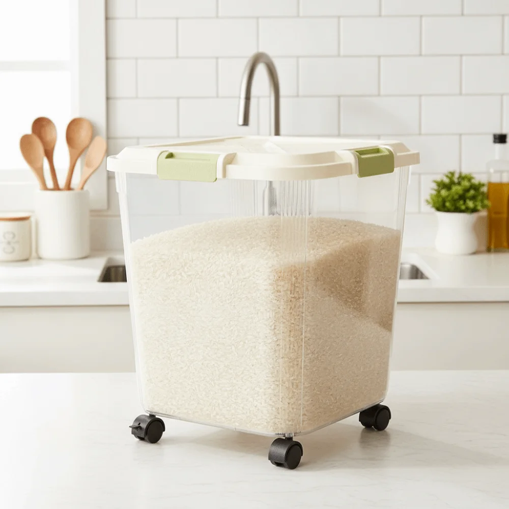 Durable Insect Proof Rice Storage Box with Wheel Moisture Proof Pet Food Container 15/25 KG Sealed Rice Dispenser Grain
