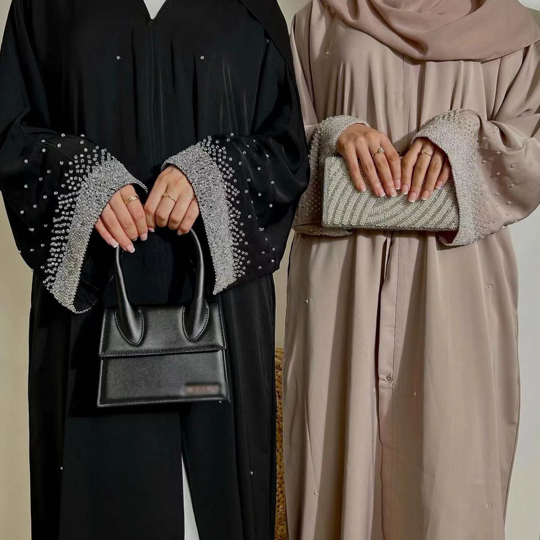 Muslim Ramadan Eid Black Open Kimono Abaya Elastic Drilling Cuff Casual Loose Moroccan Women Robe Islamic Clothing Party Gown