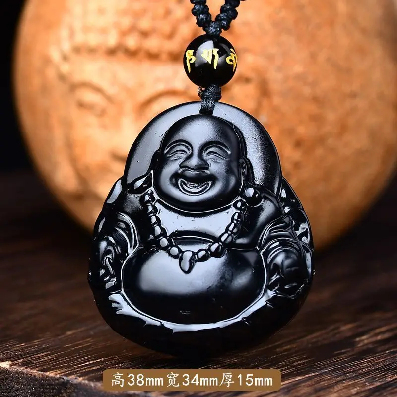 

Natural Genuine Obsidian Guanyin Pendant Men's Maitreya Buddha Gong Women's Necklace Talisman Couple Pendant Gift