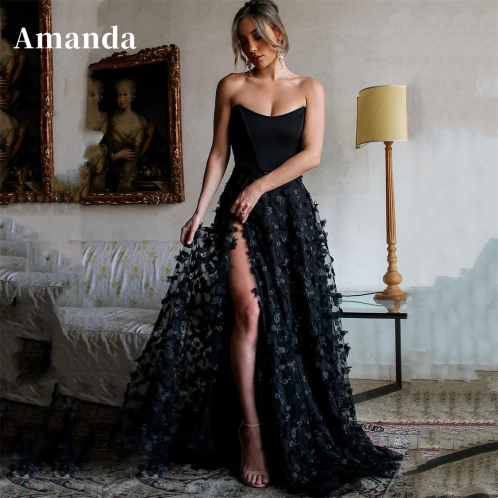 Amanda Black Strapless A-line Prom Dress 3D Flower Embroid فساتين السهرة Elegant Corset Strapless Side Split Vestidos De Noche