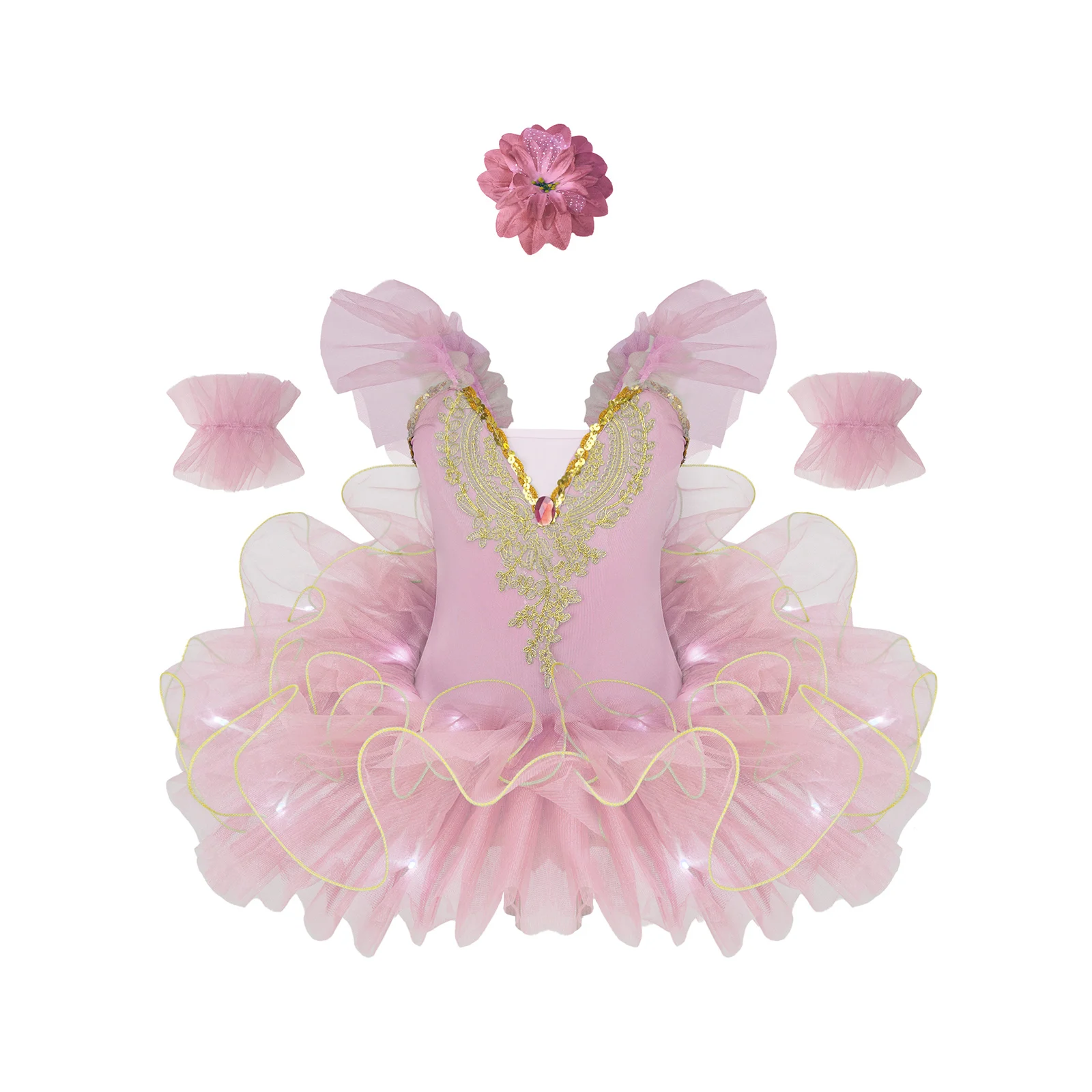 

Kids Girls Ballet Leotard Dress Ruffle Sleeve Applique Tutu Dress with Cuffs and Headwear for Ballet Competition Championship