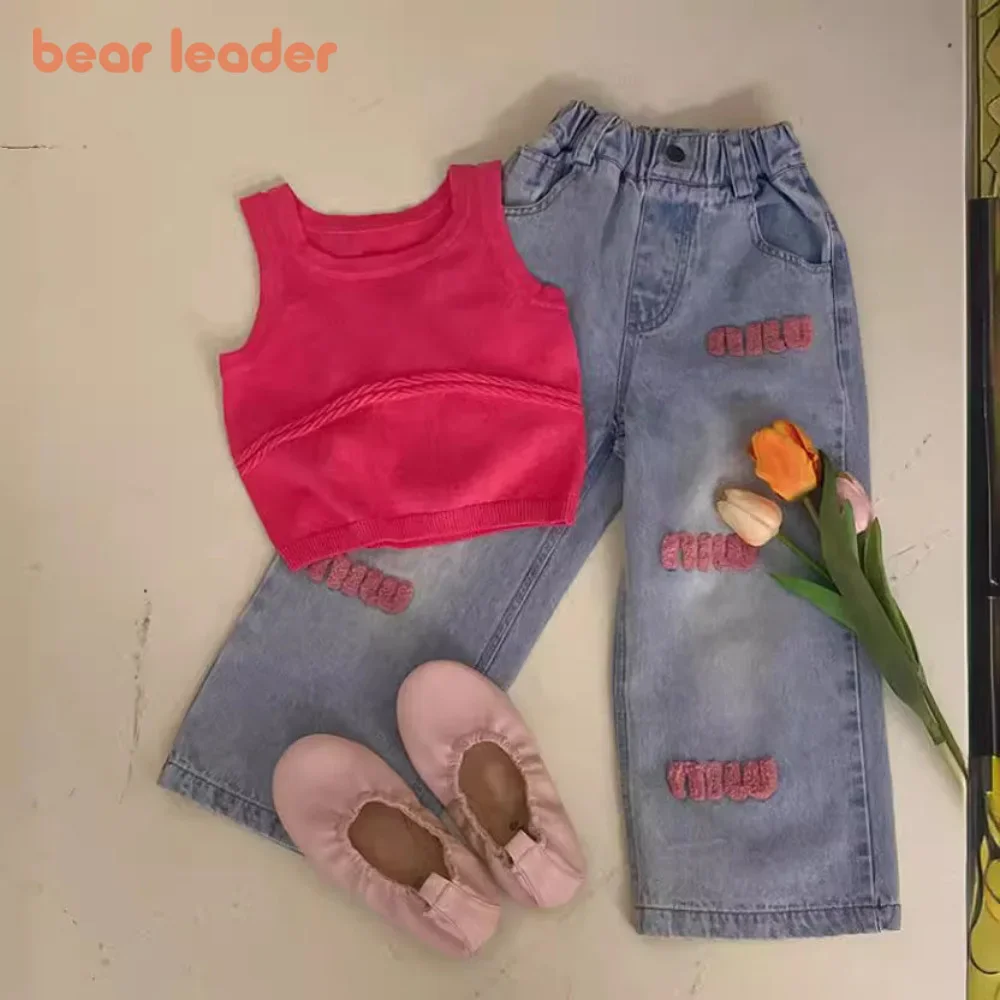 

Bear Leader, модная новая летняя детская одежда, розовый жилет без рукавов + джинсовые штаны, комплект из 2 предметов, корейская версия, простая одежда для девочек