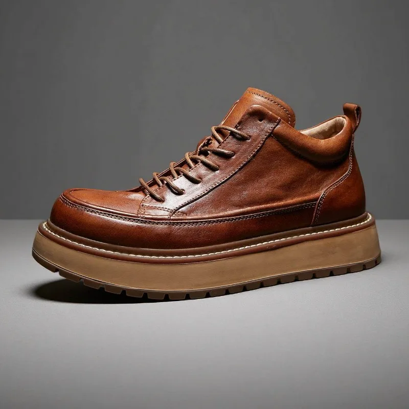 Designer Luxury Genuine Leather Thick Sole Shoes Men's Retro Work Height Increasing Casual Formal Leather Shoes Male Flats